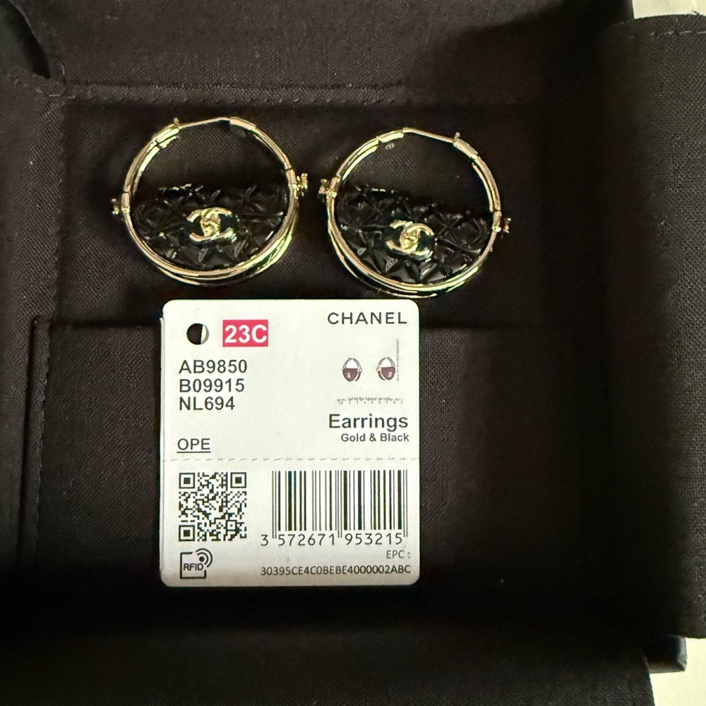 Chanel Black and Gold Hoop Earrings